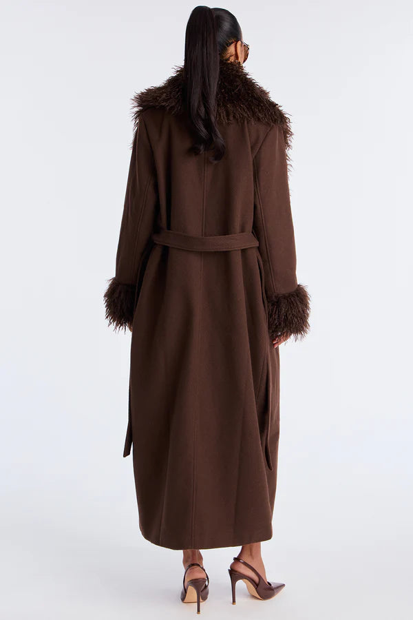 Downtown Manhattan Fur Trim Coat - Dark Brown