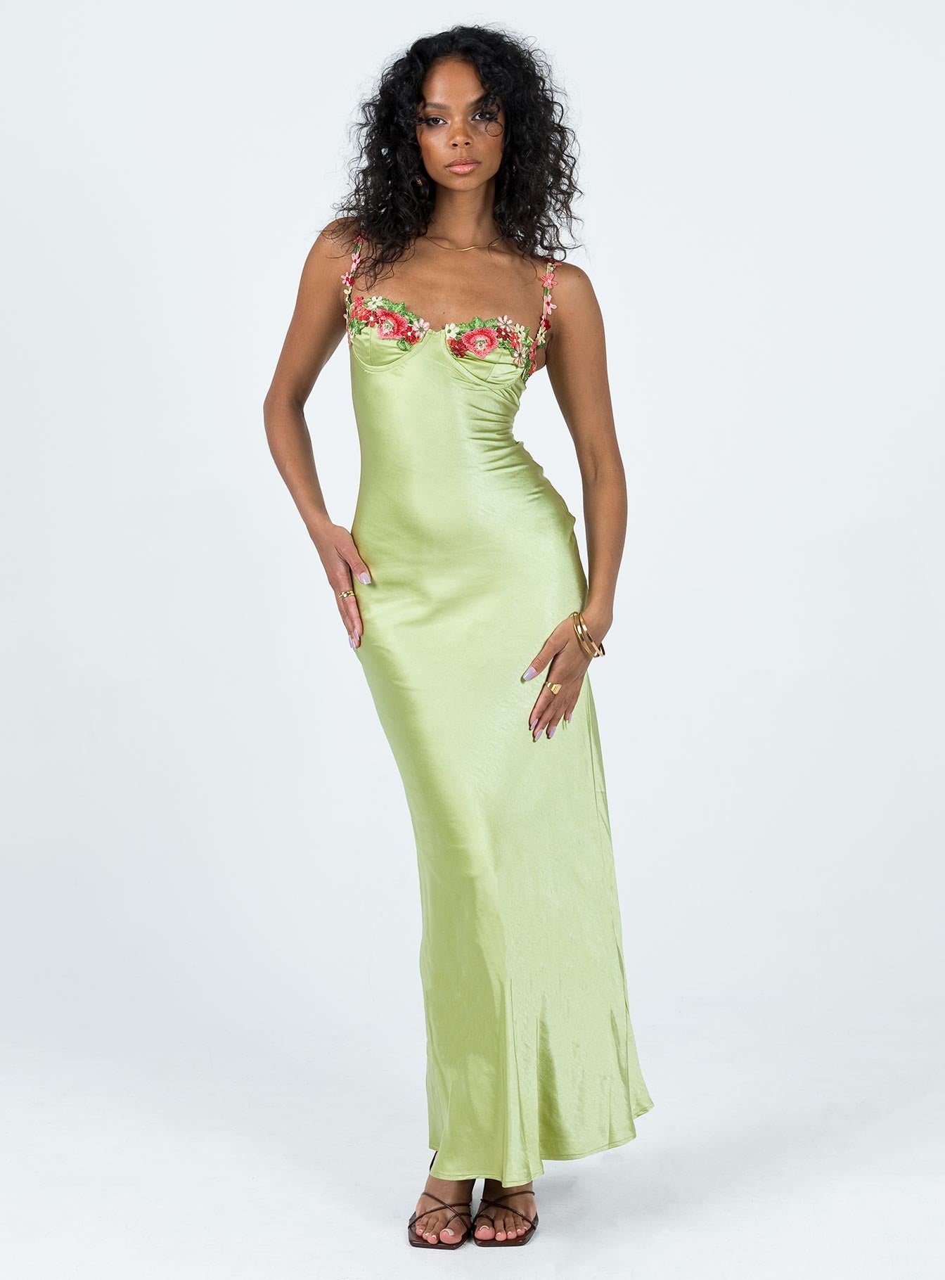 Kenzie | Satin Floral Embellished Maxi Dress – Green