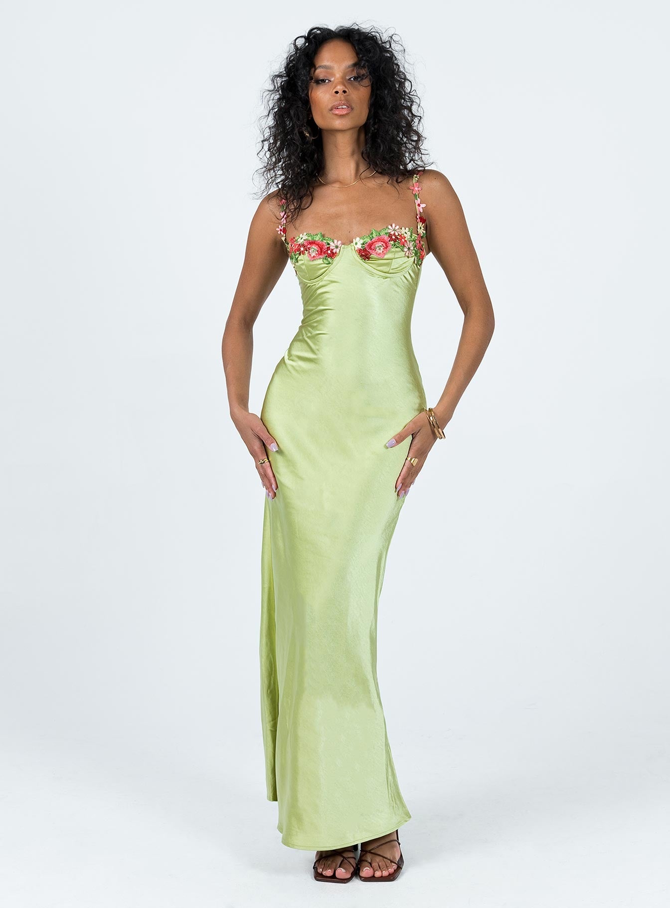 Kenzie | Satin Floral Embellished Maxi Dress – Green