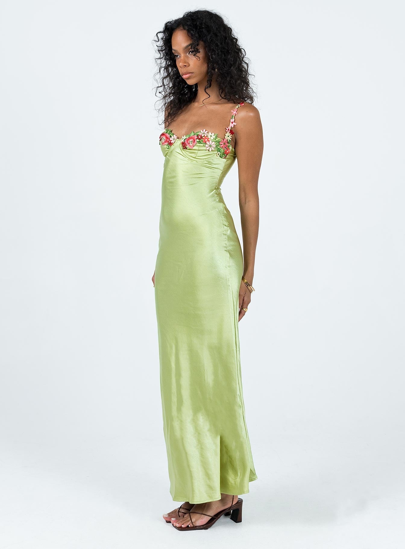 Kenzie | Satin Floral Embellished Maxi Dress – Green