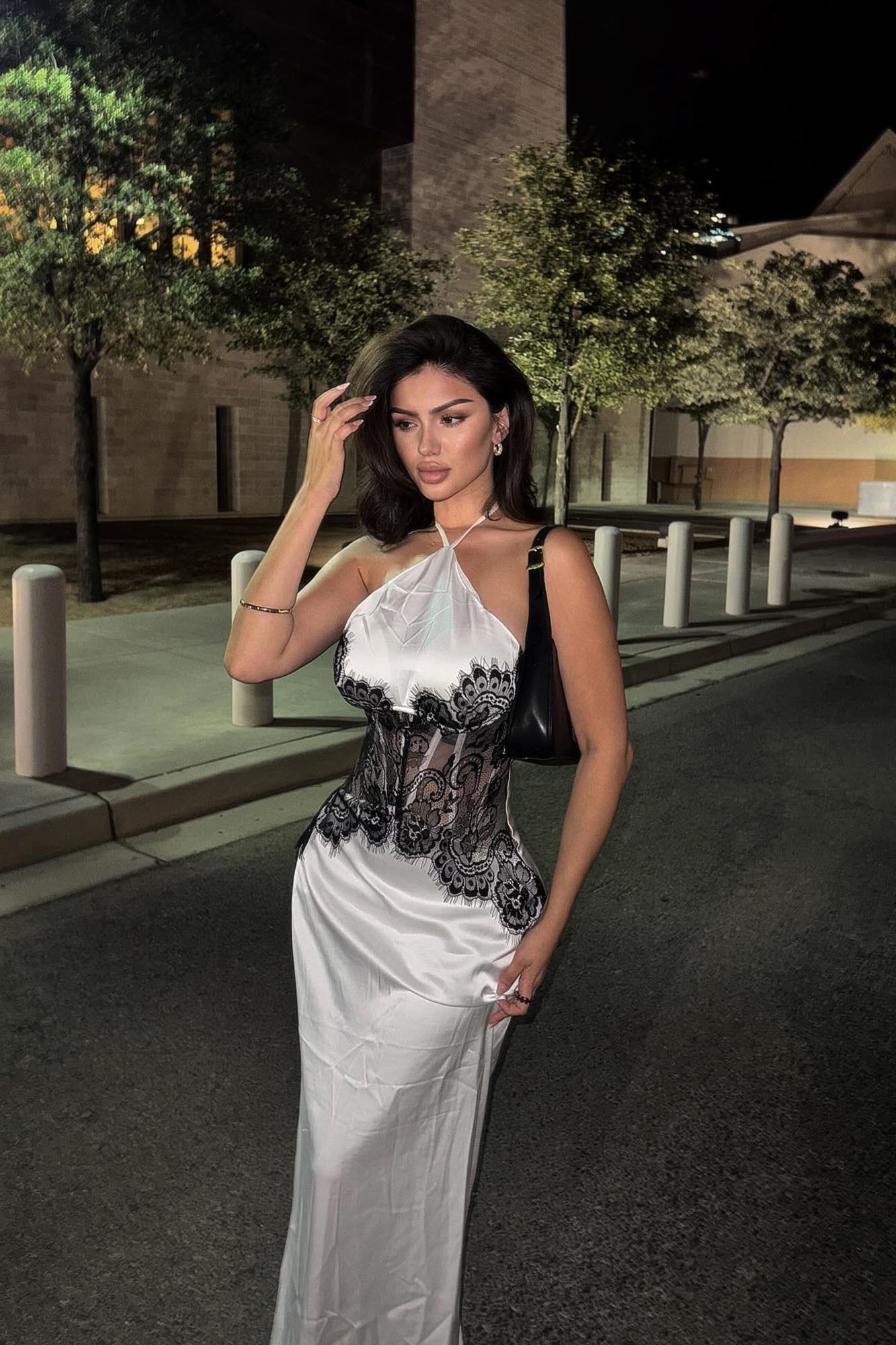 Andrea Satin Lace Maxi Dress - White/Black