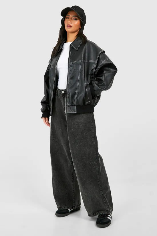 Aurrelia | Petite Pu Contrast Stitch Oversized Bomber Jacket