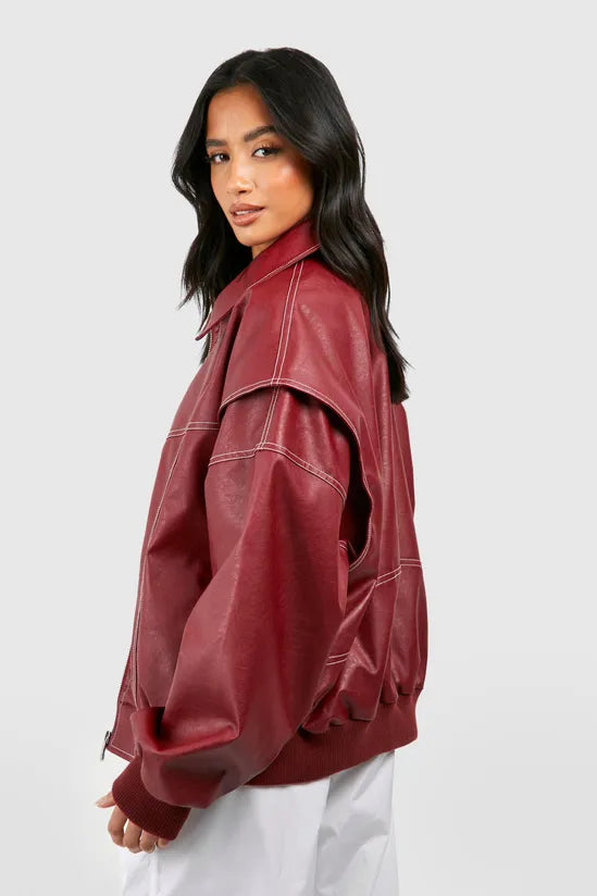 Aurrelia | Petite Pu Contrast Stitch Oversized Bomber Jacket