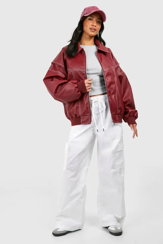 Aurrelia | Petite Pu Contrast Stitch Oversized Bomber Jacket