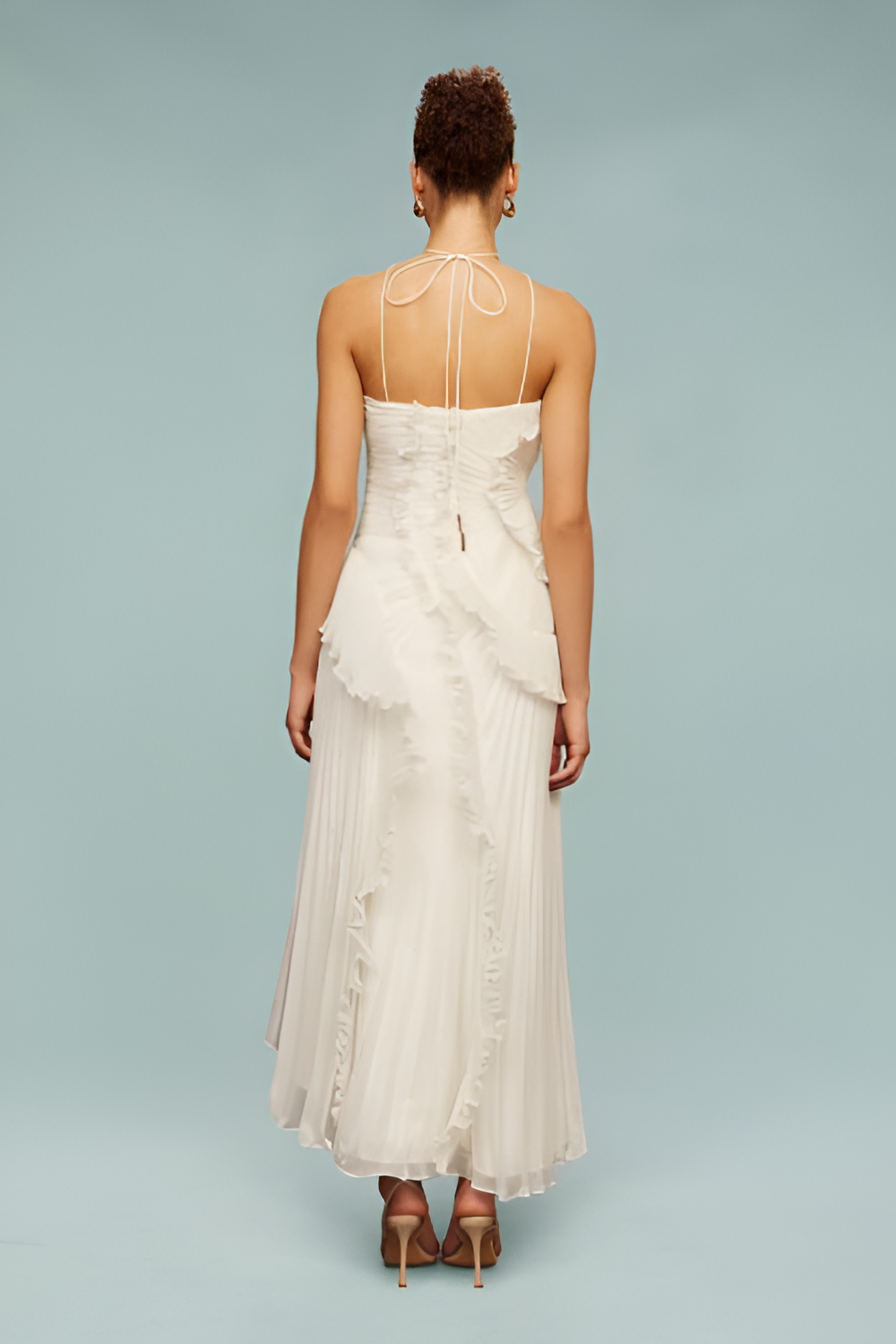 Pleated Frill Halter Neck Maxi Dress