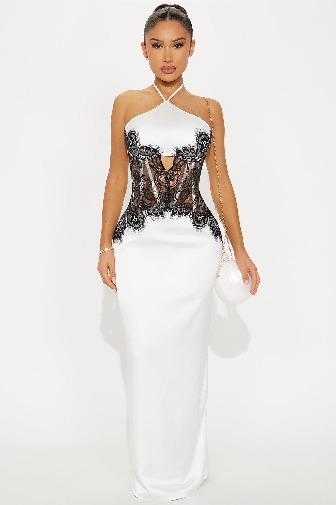 Andrea Satin Lace Maxi Dress - White/Black