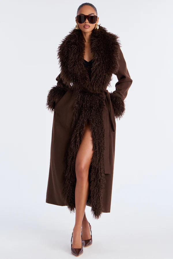 Downtown Manhattan Fur Trim Coat - Dark Brown