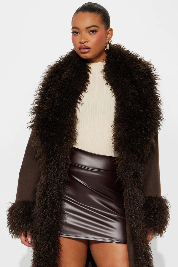 Downtown Manhattan Fur Trim Coat - Dark Brown