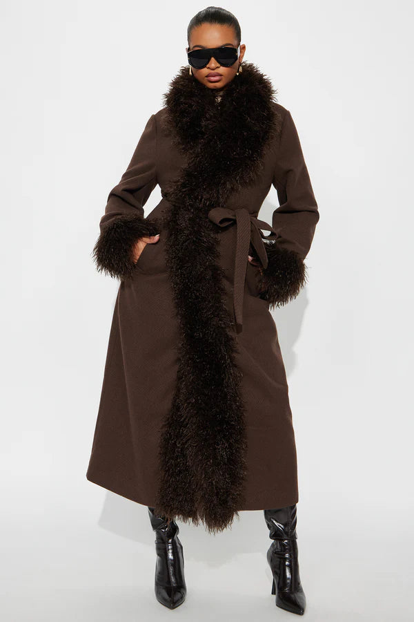 Downtown Manhattan Fur Trim Coat - Dark Brown