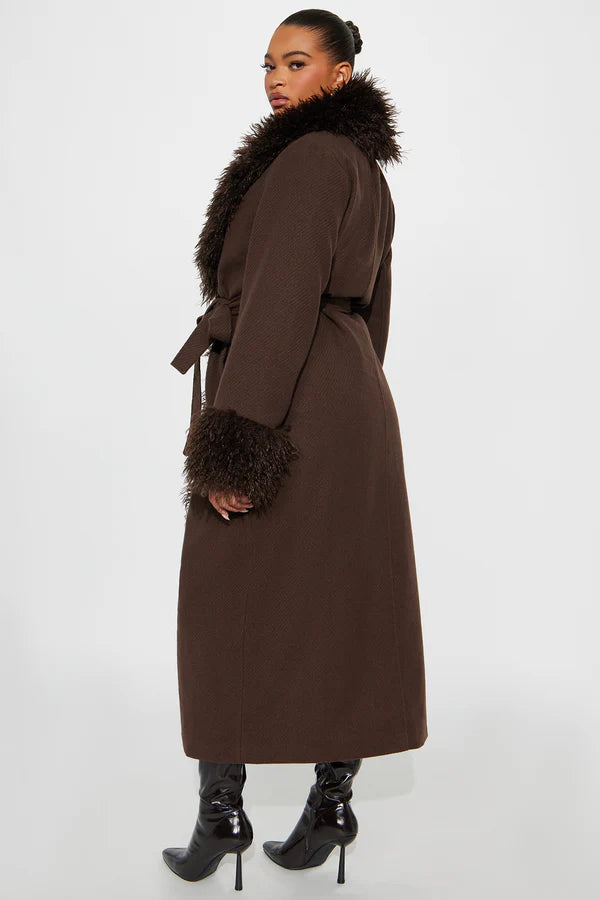Downtown Manhattan Fur Trim Coat - Dark Brown