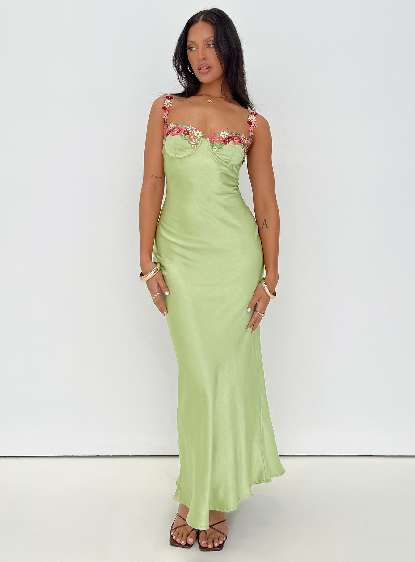 Kenzie | Satin Floral Embellished Maxi Dress – Green