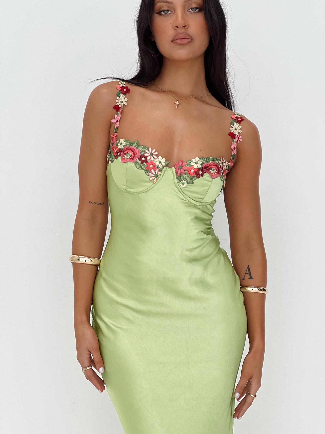 Kenzie | Satin Floral Embellished Maxi Dress – Green