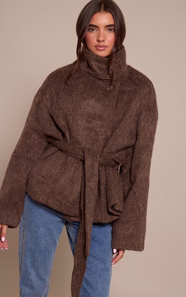 Chocolate Faux Brushed Wool Tie Waist Coat