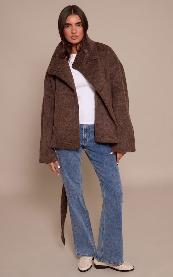 Chocolate Faux Brushed Wool Tie Waist Coat