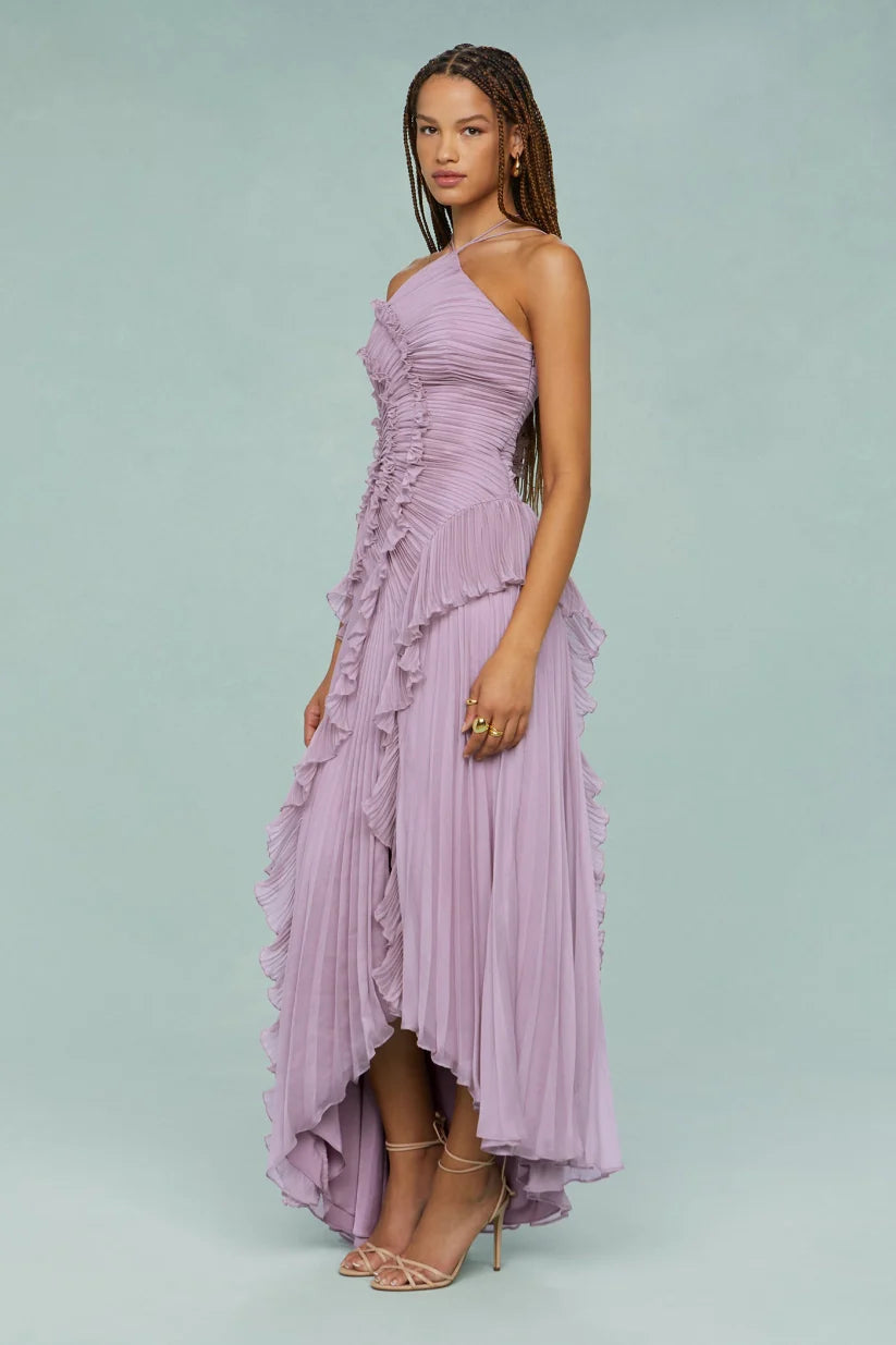 Pleated Frill Halter Neck Maxi Dress