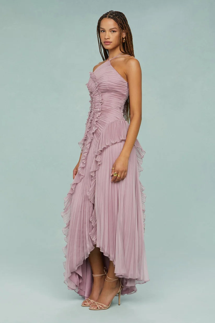 Pleated Frill Halter Neck Maxi Dress