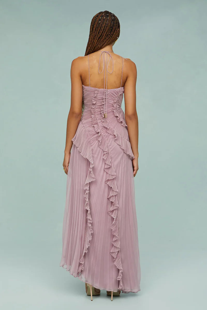 Pleated Frill Halter Neck Maxi Dress