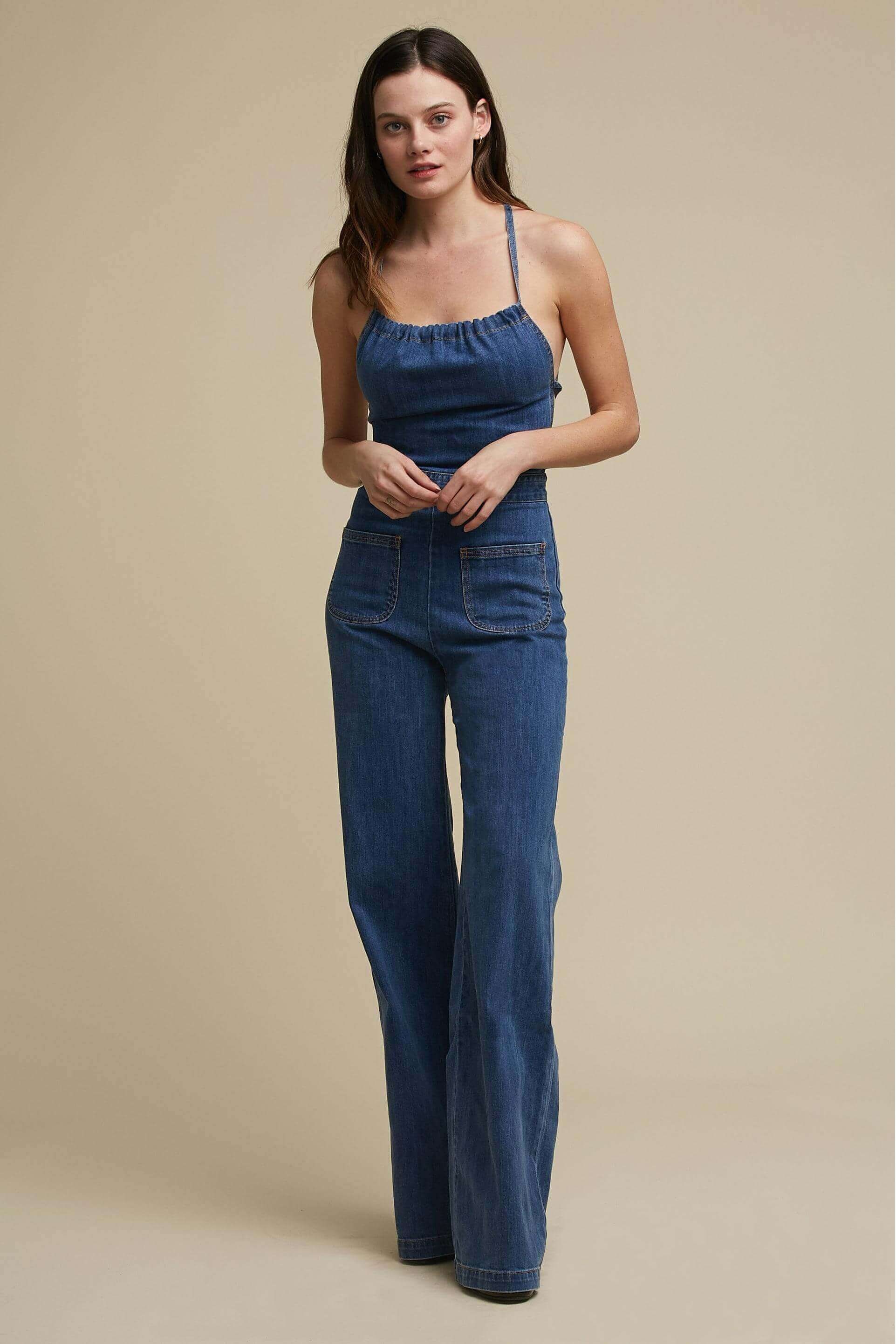 Flared Denim With Tie Back Jumpsuit