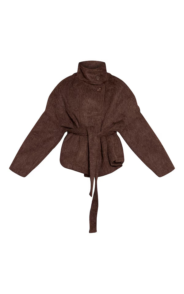 Chocolate Faux Brushed Wool Tie Waist Coat