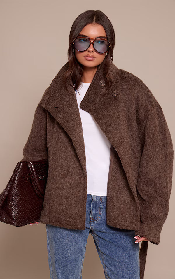 Chocolate Faux Brushed Wool Tie Waist Coat