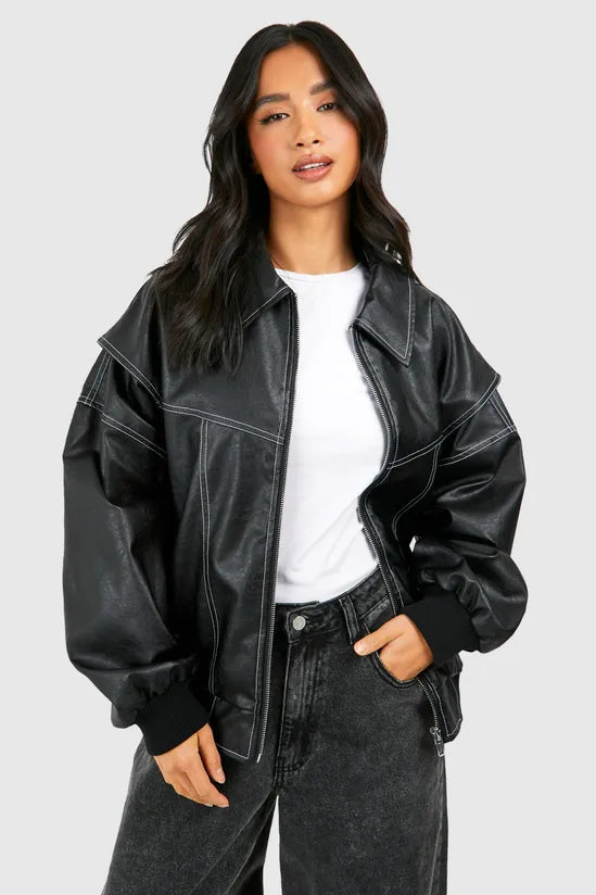 Aurrelia | Petite Pu Contrast Stitch Oversized Bomber Jacket