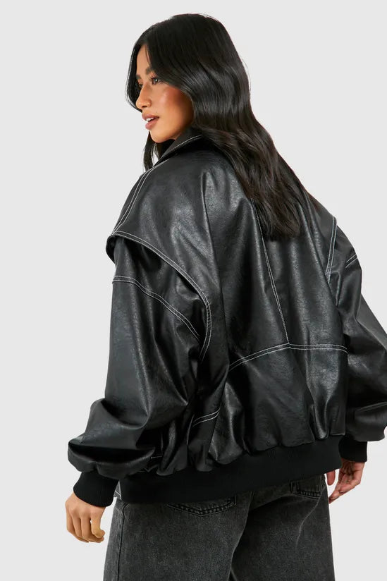 Aurrelia | Petite Pu Contrast Stitch Oversized Bomber Jacket