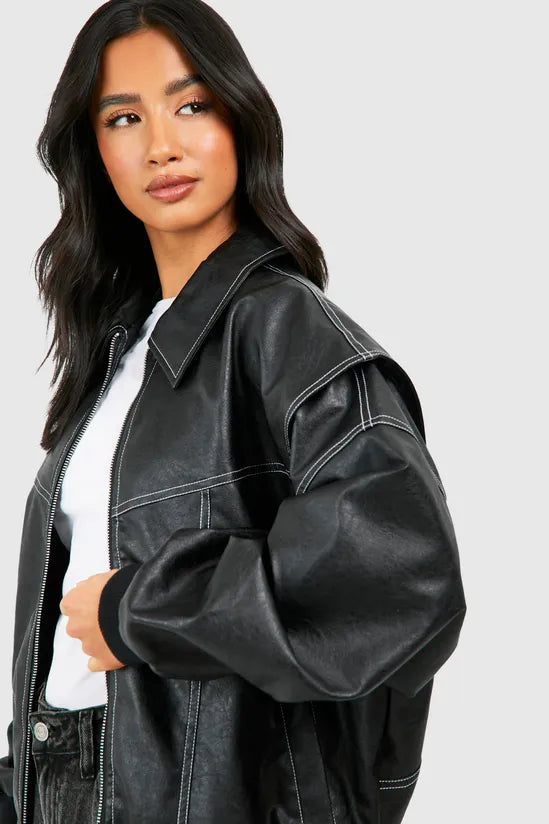 Aurrelia | Petite Pu Contrast Stitch Oversized Bomber Jacket