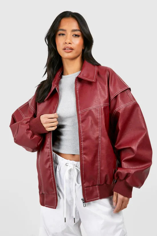 Aurrelia | Petite Pu Contrast Stitch Oversized Bomber Jacket