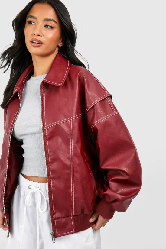 Aurrelia | Petite Pu Contrast Stitch Oversized Bomber Jacket