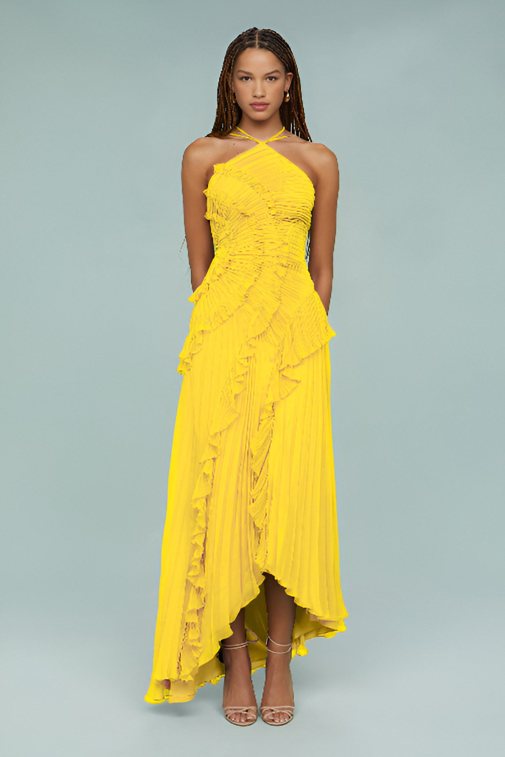 Pleated Frill Halter Neck Maxi Dress
