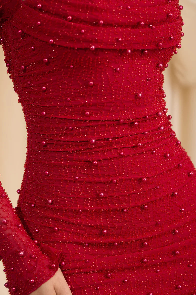 Long Sleeve Embellished Cowl Neck Mini Dress