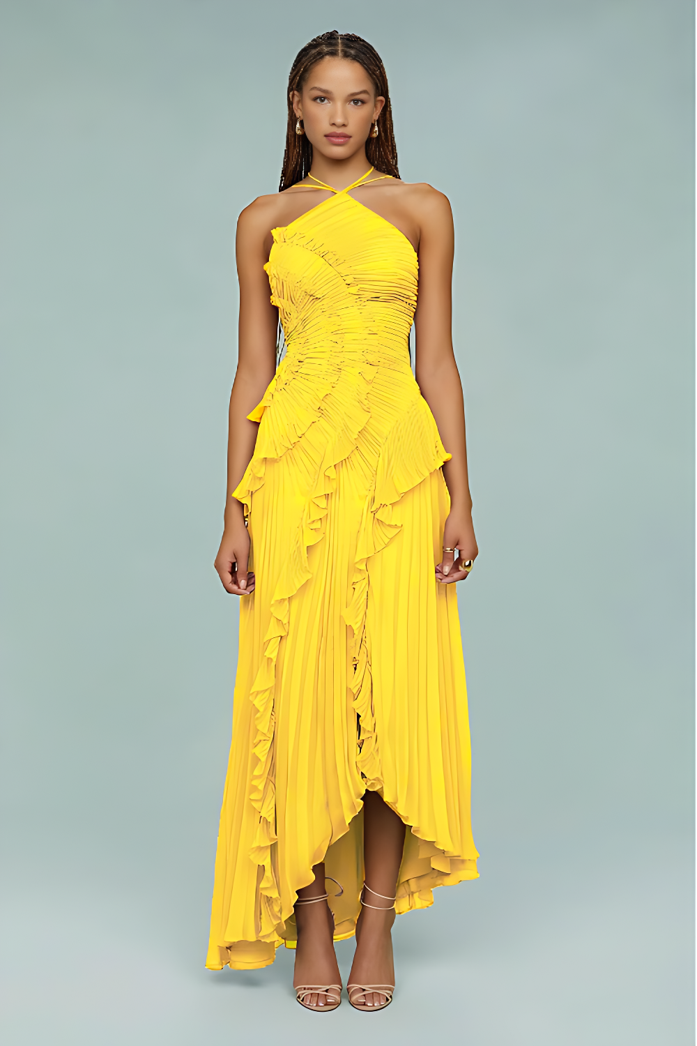 Pleated Frill Halter Neck Maxi Dress